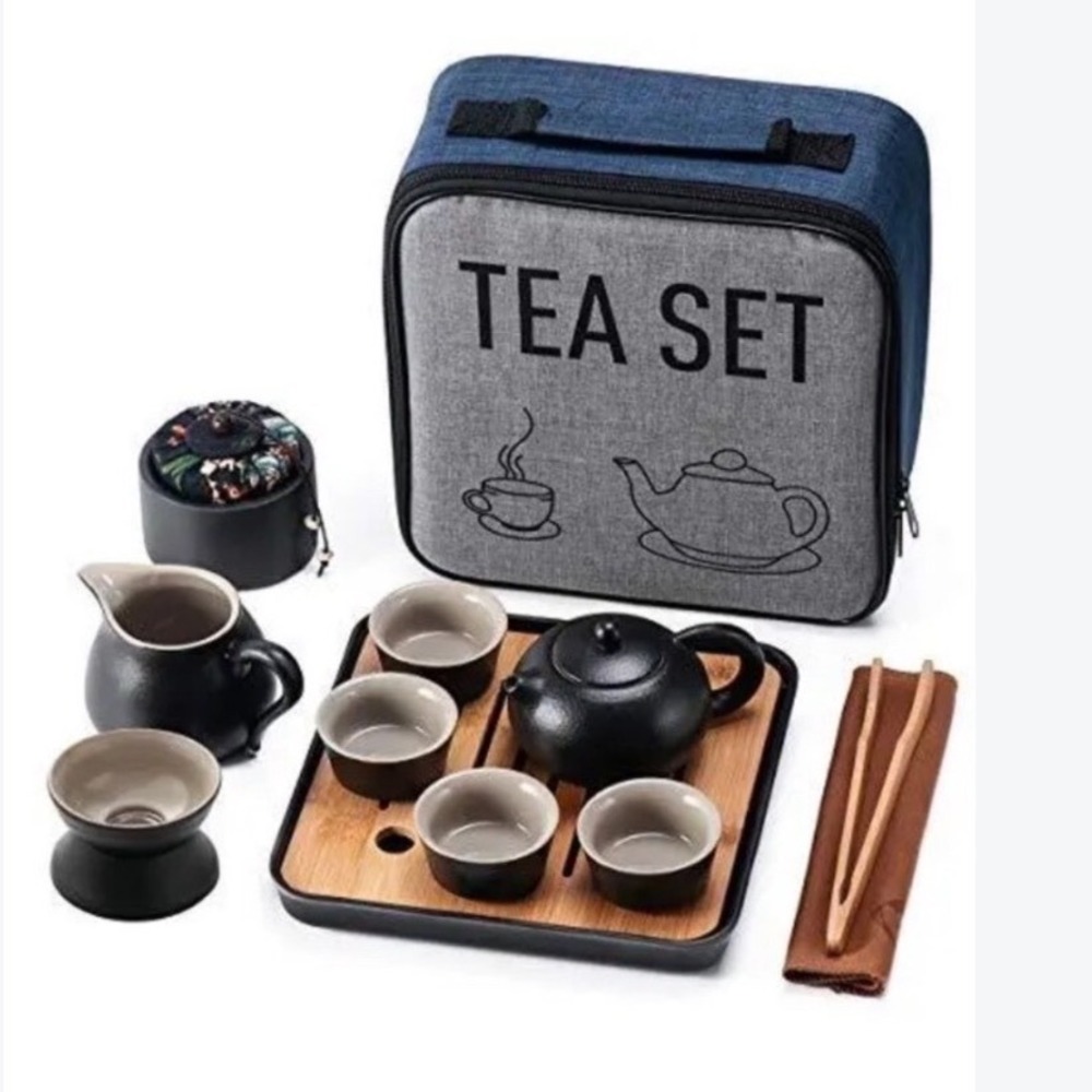 Portable Kung Fu Tea Set Matte Black Ceramic Travel Kit with Bamboo Tray & Case
